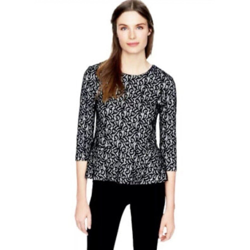 J Crew Lace Overlay Peplum Top Womens XS Black 3/4 Sleeve Dressy Formal Corpcore